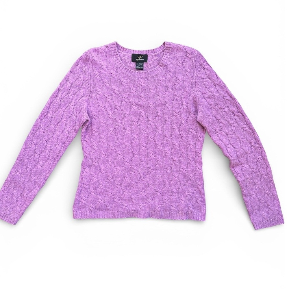 Pure Cashmere Cable Knit Sweater Women Large Purple Crew Neck Long Sleeve Fair
